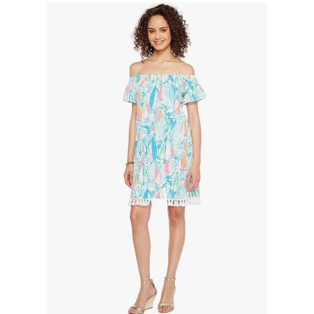 Lilly Pulitzer Marble Beach And Bae Sunglow Sailboat Off Shoulder Dress S